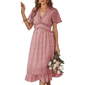 Pink Casual Ruffle Short Sleeve V Neck Boho Midi Flowy Chiffon Dress